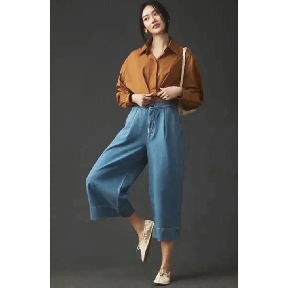 Anthropologie Pilcro Womens Pleated Crop Wide Leg Denim Culotte Elastic Waist 27